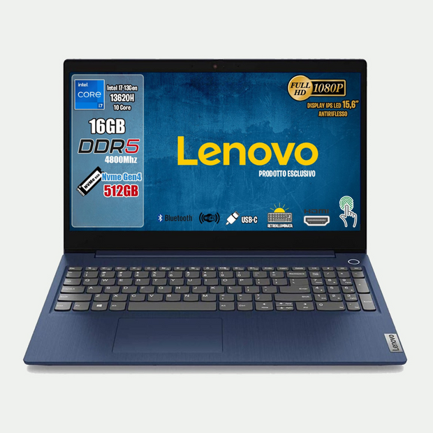 NOTEBOOK LENOVO I7-13620H 16GB RAM 512GB SSD 15.6 FULL HD FREEDOS ABYSS BLUE TASTIERA RETROILLUMINATA FINGERPRINT PN:83EM00JBIX
