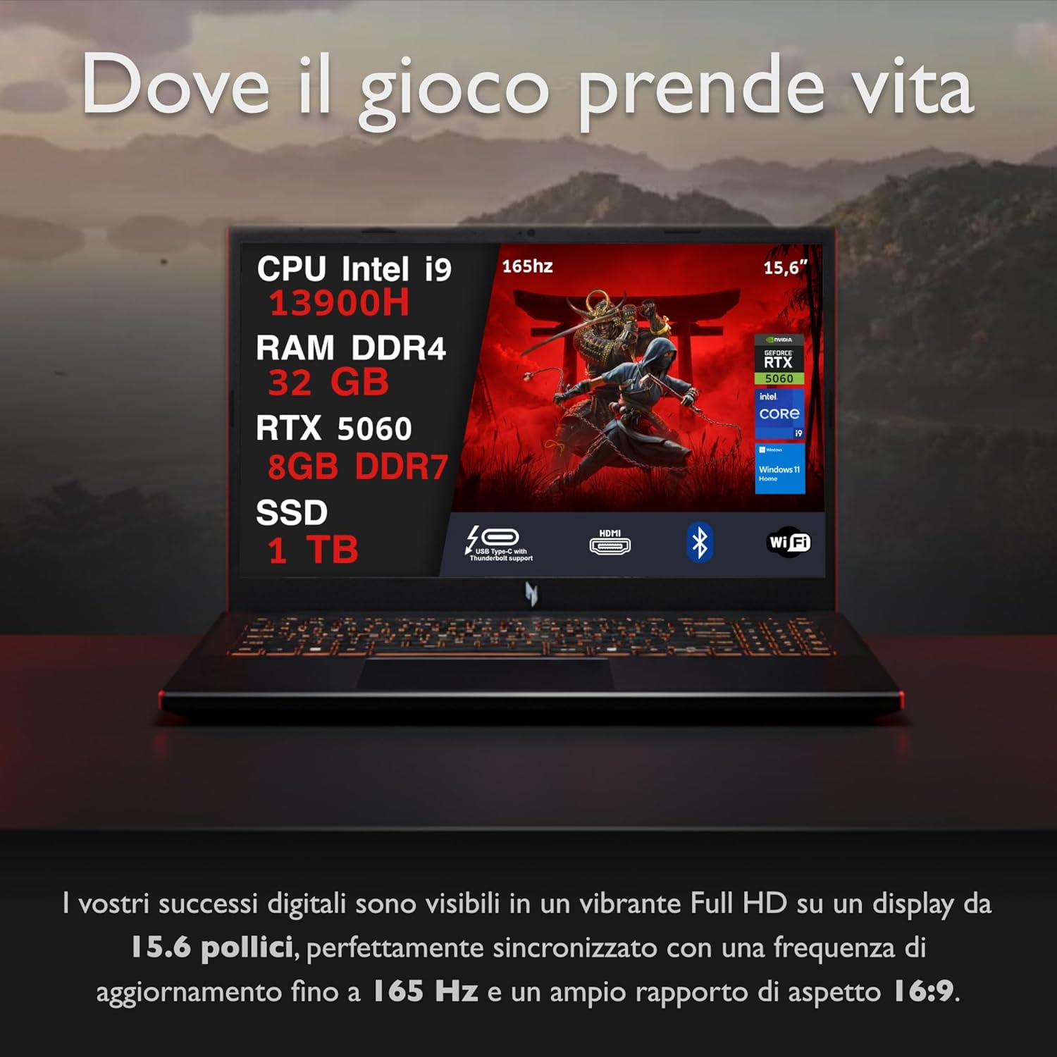 NOTEBOOK ACER NITRO V15,INTEL I9-13900H, 32GB DDR5 RAM, 1TB SSD, 15.6 IPS FHD 165HZ, GEFORCE RTX 5060 8GB GDDR7, WIN11 HOME, TASTIERA RETROILLUMINATA. PN:NH.QZAET.00L