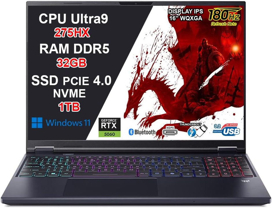 NOTEBOOK ACER PREDATOR HELIOS NEO 16, ULTRA 9 275HX, RAM 32GB DDR5, SSD 1TB SSD, NVIDIA GEFORCE  RTX 5060 8GB GDDR7, DISPLAY 16.0 WQXGA 180HZ,TASTIERA RGB, WIFI 6E, WIN11, PN:NH.QVQET.004