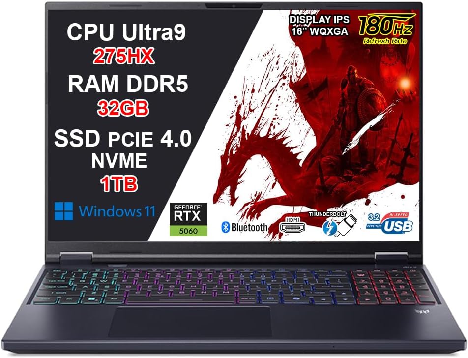 NOTEBOOK ACER PREDATOR HELIOS NEO 16, ULTRA 9 275HX, RAM 32GB DDR5, SSD 1TB SSD, NVIDIA GEFORCE  RTX 5060 8GB GDDR7, DISPLAY 16.0 WQXGA 180HZ,TASTIERA RGB, WIFI 6E, WIN11, PN:NH.QVQET.004
