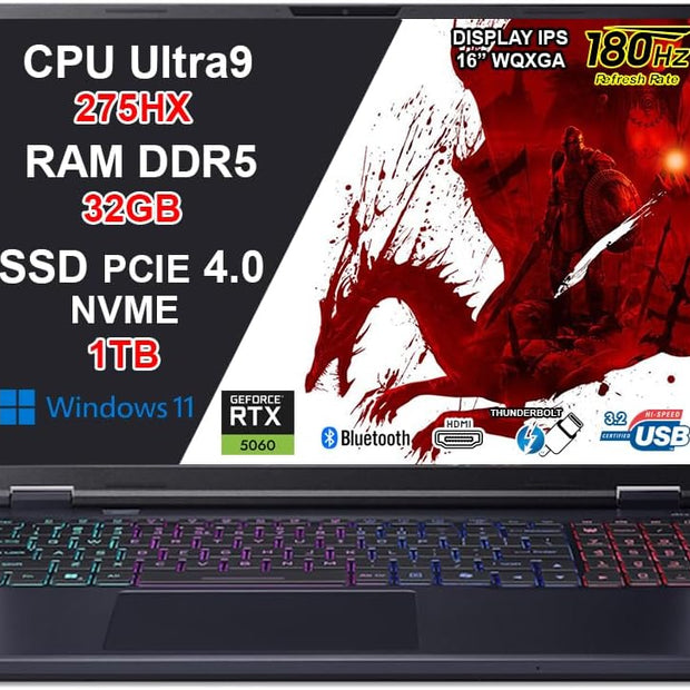 NOTEBOOK ACER PREDATOR HELIOS NEO 16, ULTRA 9 275HX, RAM 32GB DDR5, SSD 1TB SSD, NVIDIA GEFORCE  RTX 5060 8GB GDDR7, DISPLAY 16.0 WQXGA 180HZ,TASTIERA RGB, WIFI 6E, WIN11, PN:NH.QVQET.004