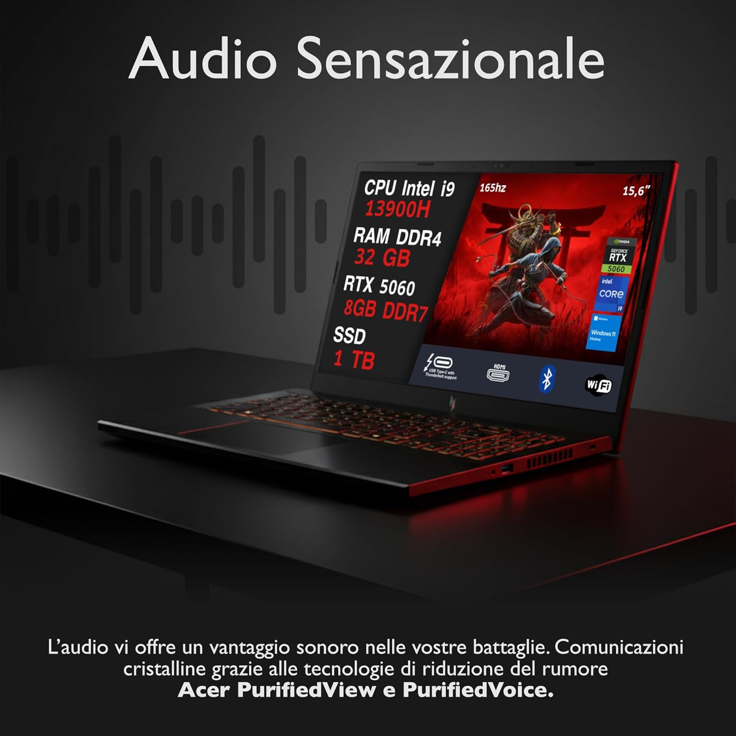 NOTEBOOK ACER NITRO V15,INTEL I9-13900H, 32GB DDR5 RAM, 1TB SSD, 15.6 IPS FHD 165HZ, GEFORCE RTX 5060 8GB GDDR7, WIN11 HOME, TASTIERA RETROILLUMINATA. PN:NH.QZAET.00L