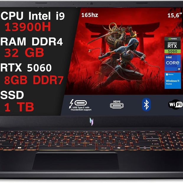 NOTEBOOK ACER NITRO V15,INTEL I9-13900H, 32GB DDR5 RAM, 1TB SSD, 15.6 IPS FHD 165HZ, GEFORCE RTX 5060 8GB GDDR7, WIN11 HOME, TASTIERA RETROILLUMINATA. PN:NH.QZAET.00L