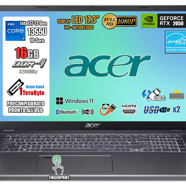NOTEBOOK ACER ASPIRE 5  I7-1355U 16GB RAM 1TB SSD 17.3  FHD IPS W11 HOME PN:NX.KJLET.001