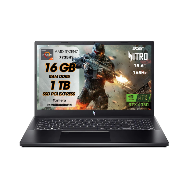 NOTEBOOK ACER  RYZEN7 7735HS 16GB RAM 1TB SSD RTX 4050 6GB 15.6 IPS FHD 165HZ W11 HOME TASTIERA RETROILLUMINATA PN:NH.QPEET.001