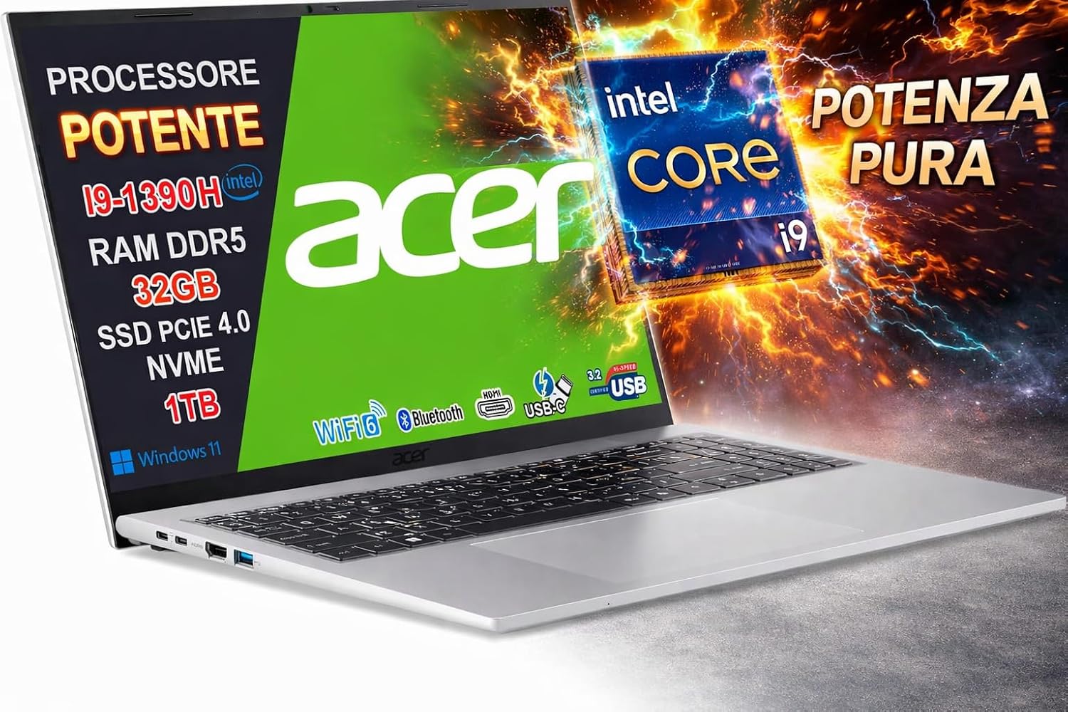 NOTEBOOK ACER ASPIRE GO 16, CPU I9-13900H,32GB RAM DDR5 6400MHZ,1 TB SSD,DISPLAY 16.0 WUXGA IPS 120HZ, SILVER,W11 HOME PN:NX.JS9ET.001