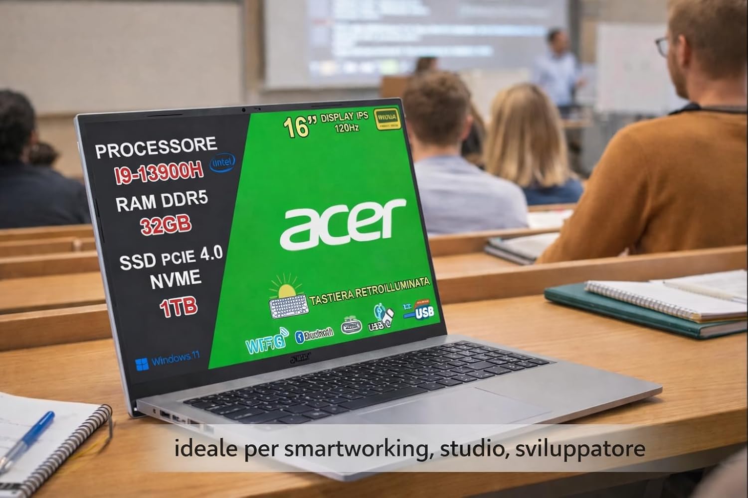 NOTEBOOK ACER ASPIRE GO 16, CPU I9-13900H,32GB RAM DDR5 6400MHZ,1 TB SSD,DISPLAY 16.0 WUXGA IPS 120HZ, SILVER,W11 HOME PN:NX.JS9ET.001