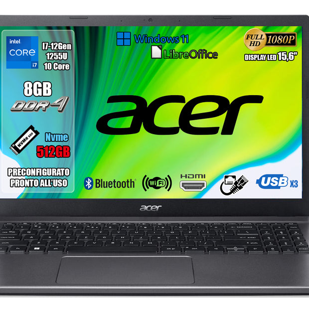 NOTEBOOK ACER INTEL I7-1255U 8GB RAM 512GB SSD 15.6 W11 PRO PN:NX.EH9ET.003