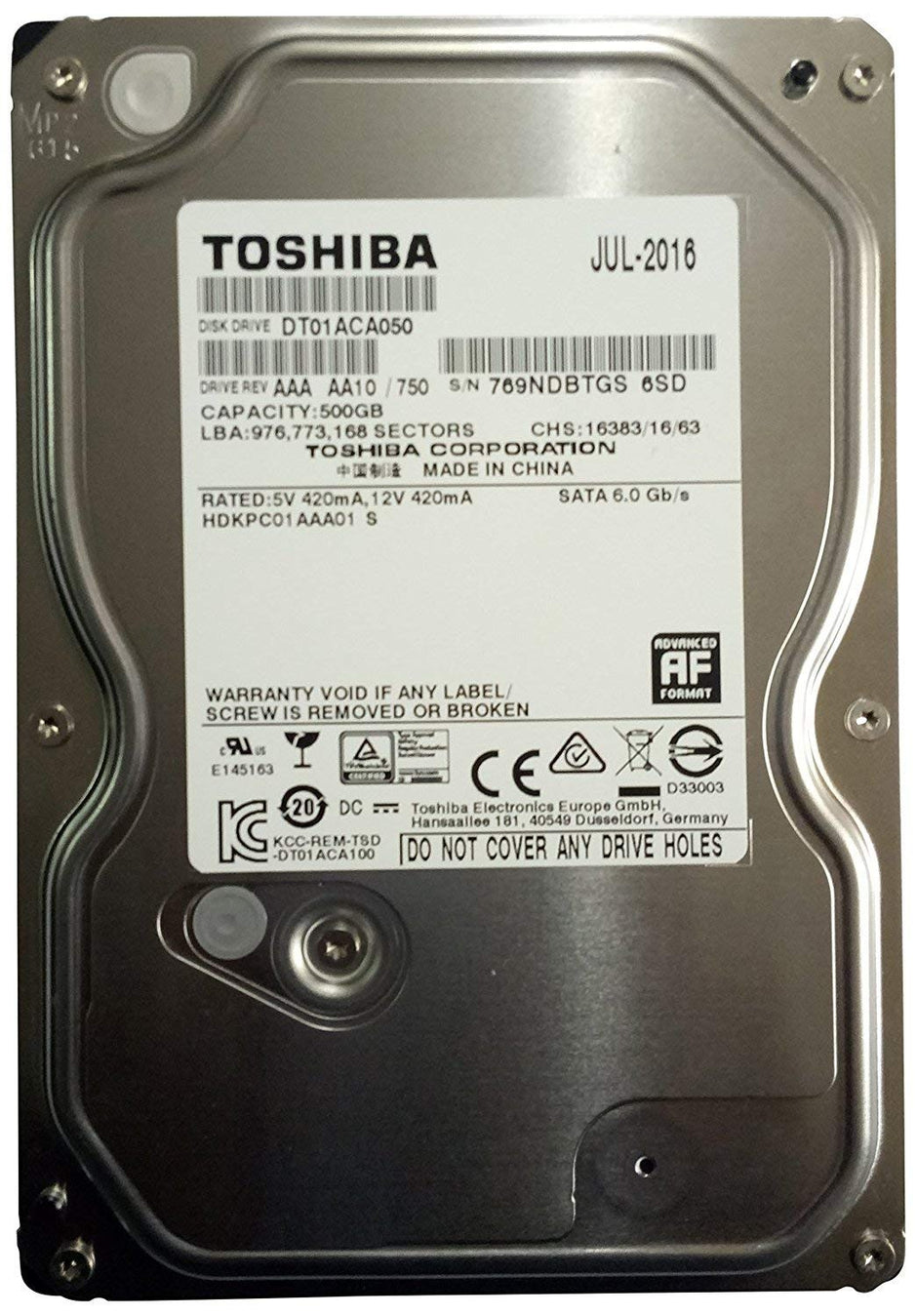HARD DISK INTERNO 3.5 500GB SATA3 TOSHIBA PN:DT01ACA050