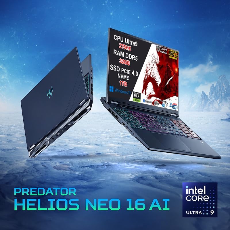 NOTEBOOK ACER PREDATOR HELIOS NEO 16, ULTRA 9 275HX, RAM 32GB DDR5, SSD 1TB SSD, NVIDIA GEFORCE  RTX 5060 8GB GDDR7, DISPLAY 16.0 WQXGA 180HZ,TASTIERA RGB, WIFI 6E, WIN11, PN:NH.QVQET.004